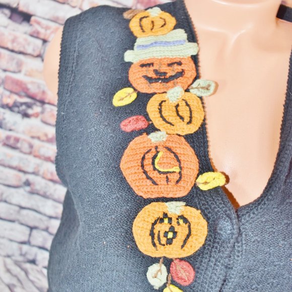 Karen Scott Large Halloween Vest Pumpkin Leaves Hand Embroidered - Picture 4 of 12